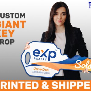 This is an image of a real estate agent holding a key prop with the logo of EXP Realty. The agent is smiling and wearing professional clothing. The image also contains text, including the company name and contact information for Jane Doe, the agent.