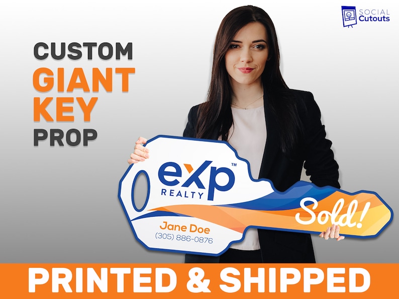 This is an image of a real estate agent holding a key prop with the logo of EXP Realty. The agent is smiling and wearing professional clothing. The image also contains text, including the company name and contact information for Jane Doe, the agent.