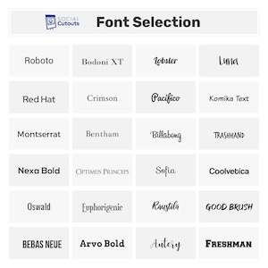 May include: A grid of font selections, each in a different style, including Roboto, Bodoni XT, Lobster, Luna, Red Hat, Crimson, Pacifico, Komika Text, Montserrat, Bentham, Billabong, TRASHHAND, Nexa Bold, Optimus Princeps, Sofia, Coolvetica, Oswald, Euphorigenic, Raustila, GOOD BRUSH, BEBAS NEUE, Arvo Bold, Autery, and FRESHMAN.