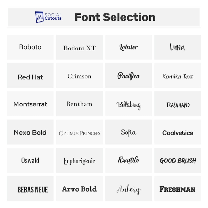 May include: A grid of font selections, each in a different style, including Roboto, Bodoni XT, Lobster, Luna, Red Hat, Crimson, Pacifico, Komika Text, Montserrat, Bentham, Billabong, TRASHHAND, Nexa Bold, Optimus Princeps, Sofia, Coolvetica, Oswald, Euphorigenic, Raustila, GOOD BRUSH, BEBAS NEUE, Arvo Bold, Autery, and FRESHMAN.