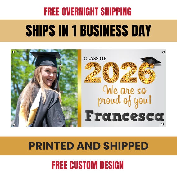 Personalized Graduation Banner Class of 2026 | Custom Graduate Name Vinyl Banner | Gold Outdoor Party Sign