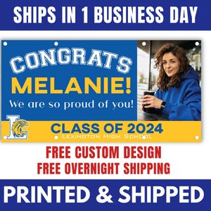 Pancarta de la clase de 2025, pancarta personalizada para fiesta de graduación, pancarta de felicitaciones en azul y amarillo, pancarta de valla de graduación, pancarta de graduado
