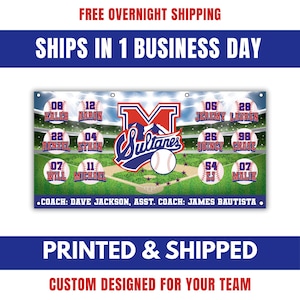 May include: A baseball banner featuring the team name "Sultanes" and a baseball graphic. The banner includes player names and numbers, set against a baseball field backdrop. The banner is custom designed for a team.