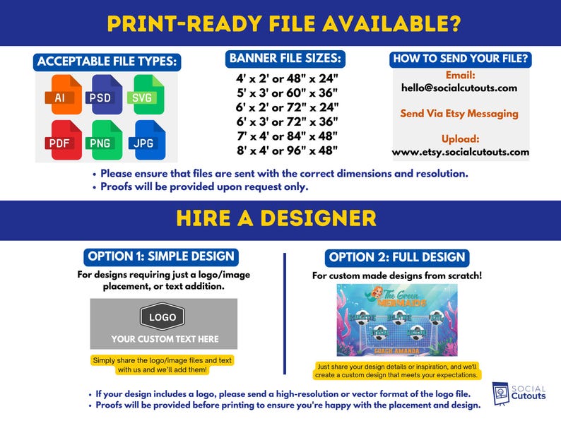 May include: A navy blue graphic with white text detailing file types, banner sizes (e.g., 4' x 2' or 122cm x 61cm), and instructions to send files. It also offers design services, including simple and full design options.