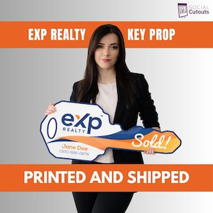 May include: A woman holding a large key-shaped prop with the "EXP Realty" logo and the word "Sold!" The prop is white, blue, and orange. The text "Jane Doe (305) 886-0876" is also visible.