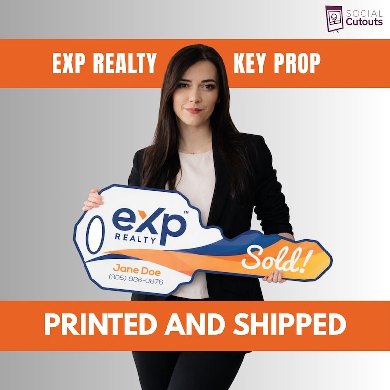 May include: A woman holding a large key-shaped prop with the "EXP Realty" logo and the word "Sold!" The prop is white, blue, and orange. The text "Jane Doe (305) 886-0876" is also visible.