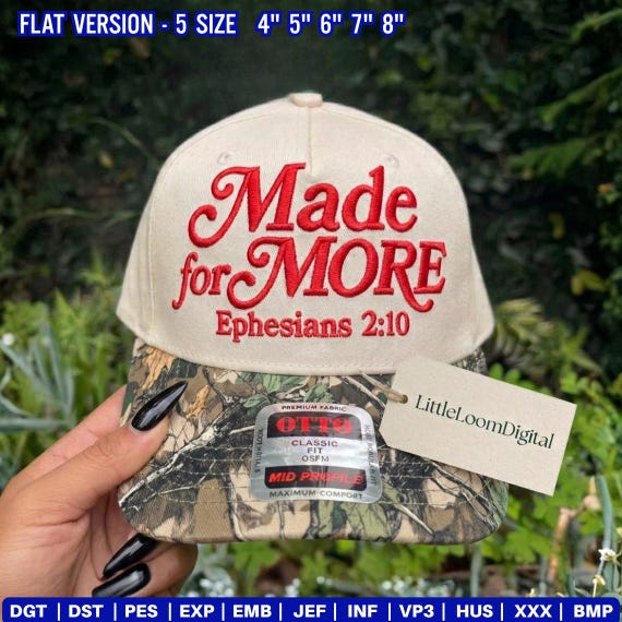 Made for More Embroidery Design, Ephesians 2:10 Christian Hat Design, Faith Based Trucker Cap Embroidery Style, Inspirational Bible Quote