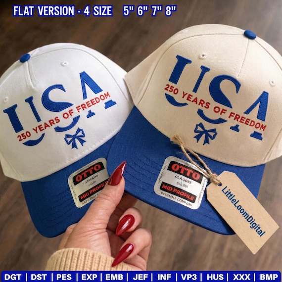 USA 250th Anniversary Bow Embroidery Design, Patriotic Hat Stitch File, 1776–2026 United States Independence Cap Pattern, 4th of July PES