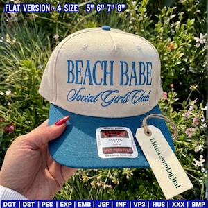 May include: A beige and blue baseball cap with the text "BEACH BABE Social Girls Club" embroidered in blue. The cap has a blue brim and a tag that says "LittleLoomDigital". The hat is available in sizes 5", 6", 7", and 8".