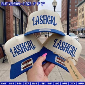 May include: Three beige and blue trucker caps with the word "LASHGRL" embroidered in blue. The caps have a mesh back and a curved peak. The text "FLAT VERSION - 3 SIZE 4" 5" 6"" is at the top. A tag reads "LittleLoomDigital".