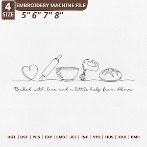 Diseño de bordado para hornear inspirado en la fe, archivo de bordado a máquina con arte lineal de cocina cristiana, cita "Horneado con amor", PES DST