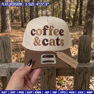 Archivo de bordado de gorra de café y gatos, patrón de gorra de camionero para mamá de gatos, diseño divertido de gorra para amantes del café helado (descarga digital PES DST)