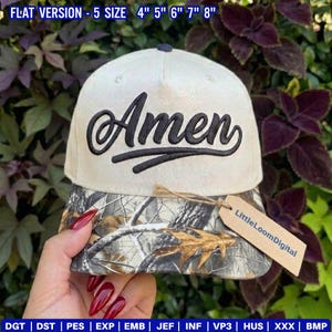 May include: A beige flat-brimmed baseball cap with the word "Amen" embroidered in black script. The brim features a camouflage pattern. A tag with the text "LittleLoomDigital" is attached. The hat is available in sizes 4" to 8".