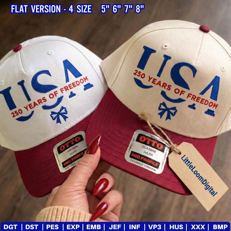 May include: Two baseball caps with white and tan crowns, and maroon brims. The caps display the word "USA" in blue, along with "250 YEARS OF FREEDOM". Each cap has a bow graphic and a tag that says "OTTO".