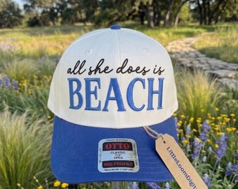 All She Does Is Beach Embroidery Design, Funny Beach Quote Hat Embroidery File, Summer Vacation Trucker Cap Stitch Pattern, Coastal Vibes