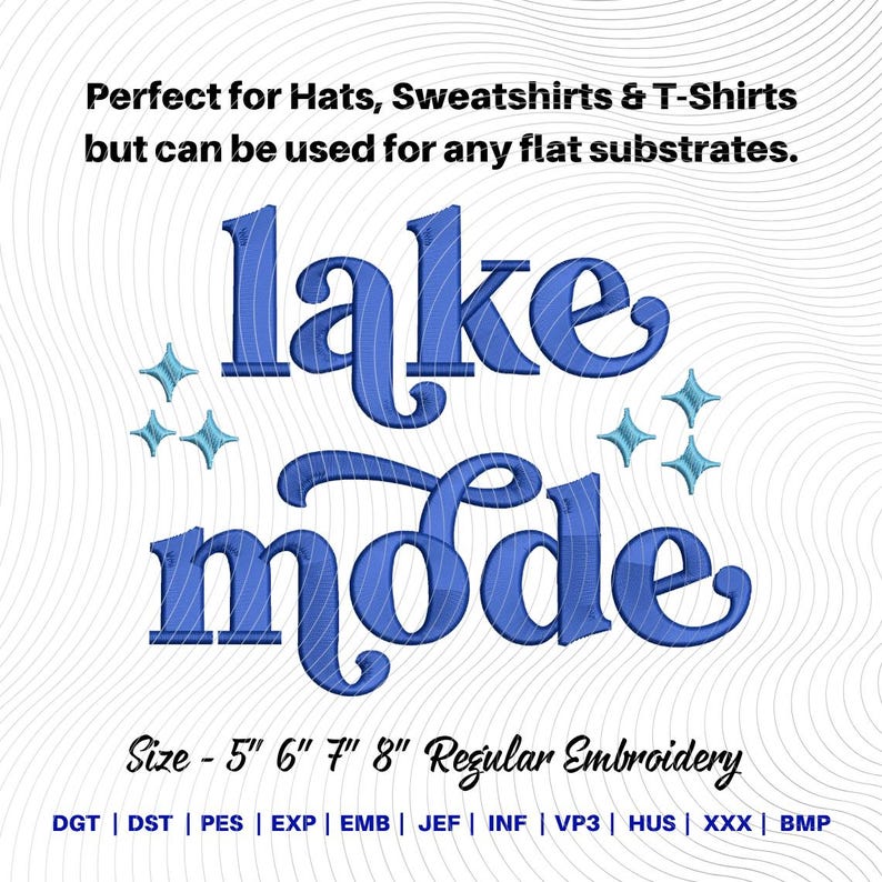 May include: Blue "lake mode" design with decorative stars, suitable for embroidery on hats, sweatshirts, and t-shirts. The design is available in sizes 5", 6", 7", and 8".