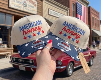 American Patriotic Honey Hat Embroidery Design, July 4th Trucker Hat Digital File,  American Patriotic Gift Machine PES DST JEF Download