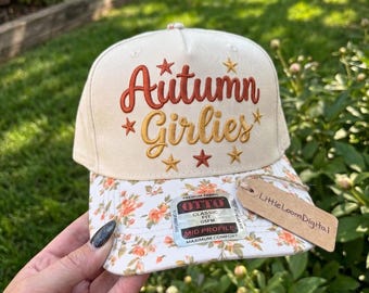 Autumn Girlies Hat Size Embroidery Design, Cozy Fall Season Trucker Cap Digital File, Cute Pumpkin Spiced Womens Dad Hat Machine Pattern PES