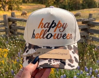 Happy Halloween Trucker Cap Embroidery Design, Fall Holiday Hat Embroidery File, Retro Autumn Pumpkin Spice Trucker Hat Machine File PES
