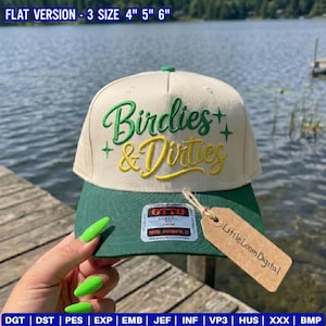 May include: A cream-colored baseball cap with a dark green brim, featuring the embroidered green and yellow text Birdies & Dirties with star accents. A sticker on the brim reads OTTO Classic Fit, and a brown tag reads LittleLoomDigital.