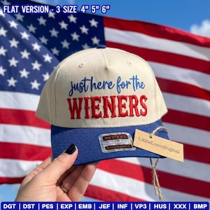 May include: A beige baseball cap with a blue brim featuring the embroidered blue text "just here for the" above the red text "WIENERS". A rectangular sticker is on the brim, and a brown paper tag labeled "LittleLoomDigital" is attached by a string.