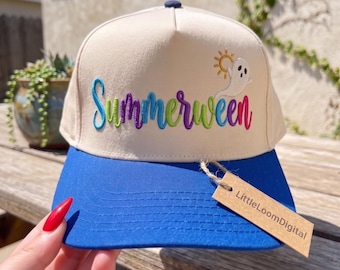 Summerween Trucker Hat Embroidery Design, Spooky Summer Beach Cap Design, Summer Halloween Hat, Pumpkin Summer Ghost PES DST Download File