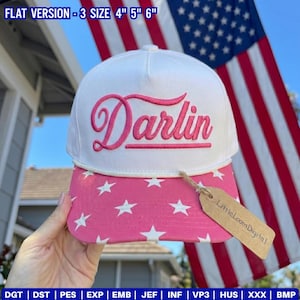 May include: A white baseball cap with the word "Darlin" embroidered in pink script. The brim is pink with white stars. A tag reads "Little Loom Digital". The text "FLAT VERSION - 3 SIZE 4" 5" 6"" is at the top.