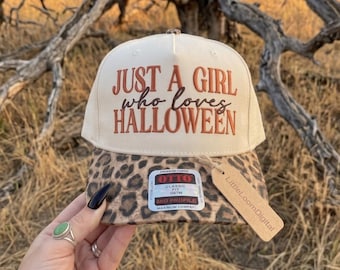 Just A Girl Who Loves Halloween Hat Embroidery Design, Spooky Girl Trucker Cap Digital File, Retro Autumn Holiday Trucker Hat Pattern, PES