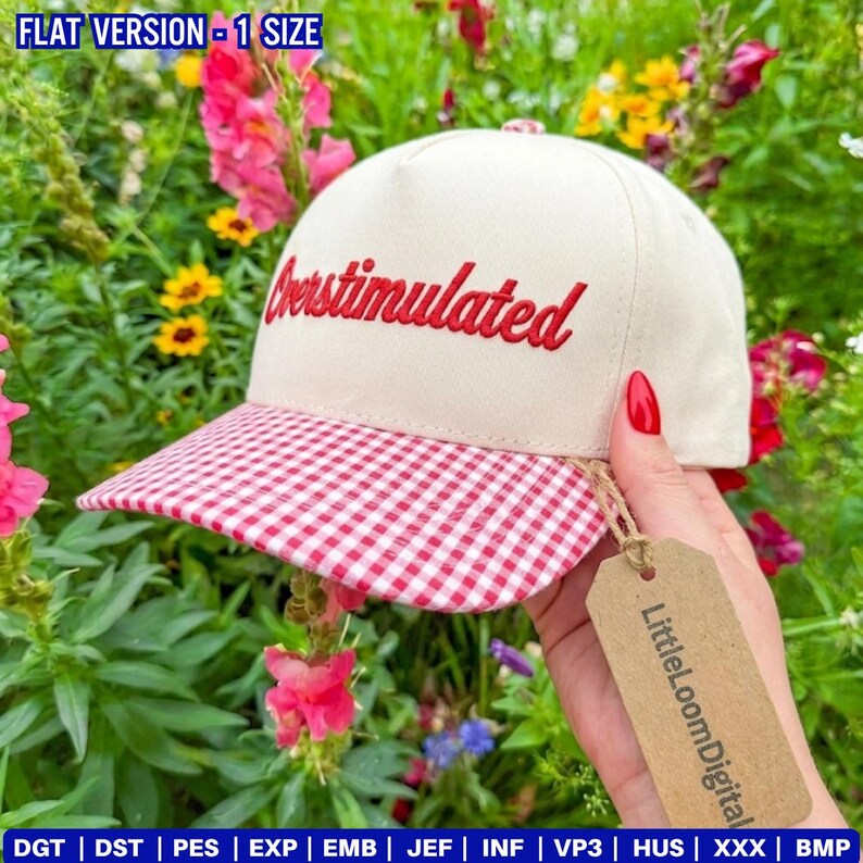 Puede incluir: Gorra de b&eacute;isbol color crema con la palabra "Overstimulated" bordada en rojo. La visera presenta un patr&oacute;n de cuadros rojos y blancos. Una etiqueta con "LittleLoomDigital" est&aacute; adjunta. La gorra se muestra sobre un fondo de flores coloridas.