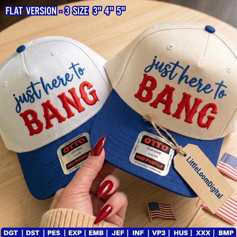 May include: Two baseball caps with white crowns and blue brims are displayed. The caps have the phrase "just here to BANG" embroidered in red and blue. The caps have tags attached. The image also includes a small American flag pin.
