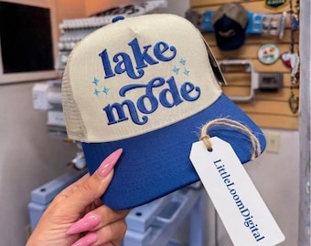 Lake Mode Embroidery Design, Lake Life Trucker Hat Embroidery File, Summer Boating Cap Stitch Pattern,Minimalist Lake Hat Design PES DST JEF