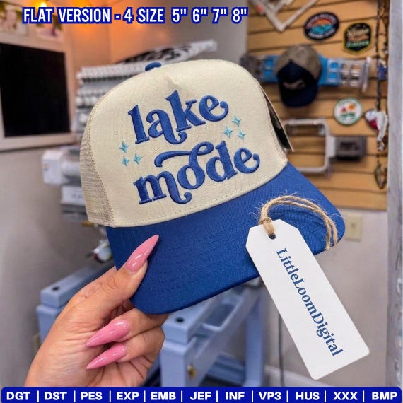 Lake Mode Embroidery Design, Lake Life Trucker Hat Embroidery File, Summer Boating Cap Stitch Pattern,Minimalist Lake Hat Design PES DST JEF