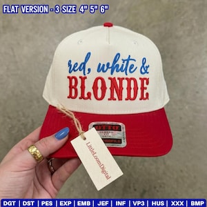 May include: A white and red baseball cap with the text "red, white & BLONDE" embroidered on the front. The cap has a red brim and a small red button on top. A tag from "LittleLoomDigital" is attached.