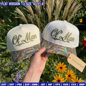 May include: Two baseball caps with the text "Ol' Man" embroidered in green. The caps have a camouflage pattern on the brim and a white or cream-coloured crown. The image also includes the text "FLAT VERSION - 3 SIZE 4" 5" 6"" and a tag that says "LittleLoomDigital".
