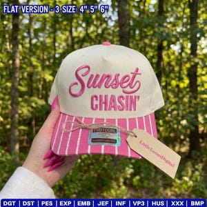 Diseño de bordado de sombrero Sunset Chasin, divertido sombrero de vacaciones de verano en la playa (archivo digital), gorra sarcástica para viaje de chicas al océano (archivo), descarga para máquina (PES).
