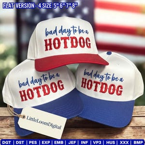 May include: Three baseball caps with white crowns, red and blue brims. The caps have the phrase "bad day to be a HOTDOG" embroidered in red and blue. A tag reads "LittleLoomDigital".