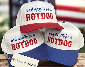Diseño de bordado "Un mal día para ser un perrito caliente", divertido bordado para sombrero de verano, diseño de gorra de camionero patriótica del 4 de julio, descarga digital con humor de barbacoa.