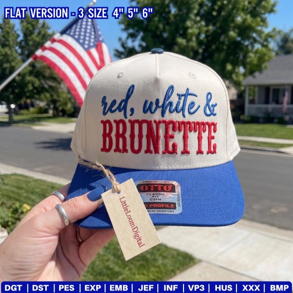 Red White & Brunette 4th of July Trucker Hat Embroidery File, Patriotic Women's Cap, USA Flag Embroidery Design, Independence Day PES DST
