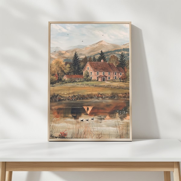 Farm With Lake and Ducks Painting | Vintage Moody Cottagecore Farmcore Landscape Printable Wall Art | Fjord Aura Download |  04