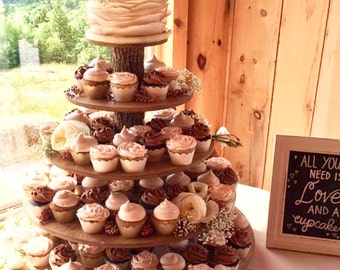 Rustic Cupcake Stand 5 Tier (Tower Holder) 120 Cupcakes 250 Donuts for Wedding, Birthday, Shower, Anniversary, Party, Pastries - Wood Wooden