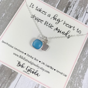 Teachers Gift Teachers Necklace Gemstone Necklace Sterling Silver Necklace Teacher's Appreciation Blue Chalcedony Necklace Apple Cut Out