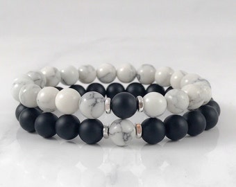 Best Friends Bracelets Matte Black Onyx White Howlite Matching Couple's Set His and Hers Gemstone Couples Bracelets Yin Yang Bracelets 8mm