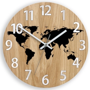 Wandklok hout - Wereldkaart, zwart Stil Moderne klok met cijfers 33,5 cm / 13,19" eikenhouten klok
