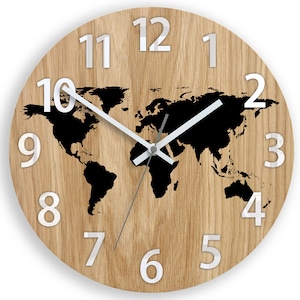 Wall clock wood - World Map,  Black Silent Modern clock with numbers 33,5cm / 13,19" Oak clock