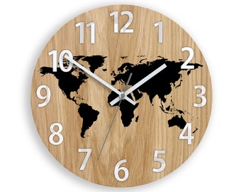 Wall clock wood - World Map,  Black Silent Modern clock with numbers 33,5cm / 13,19" Oak clock