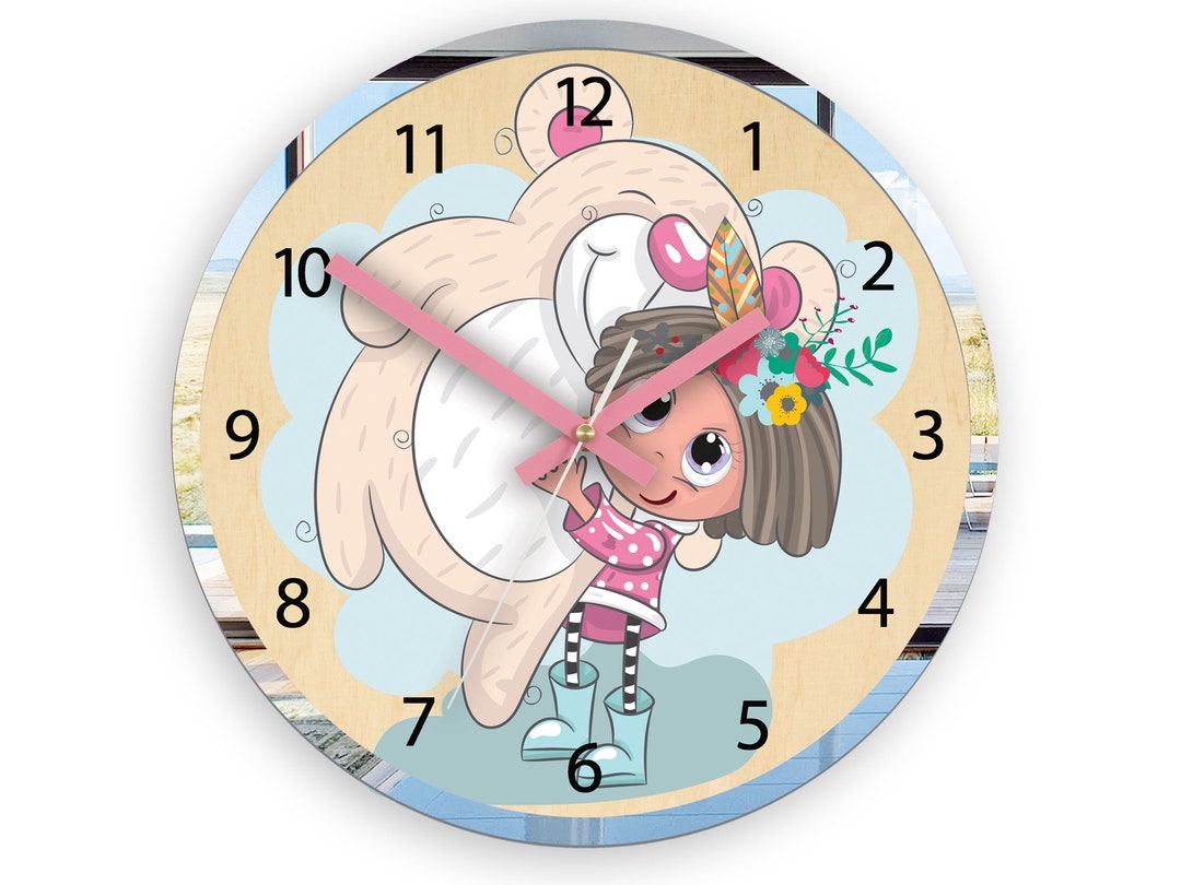 Children Wall Clock - Girl With Bear- Personalizen Name, Wood Clock ...