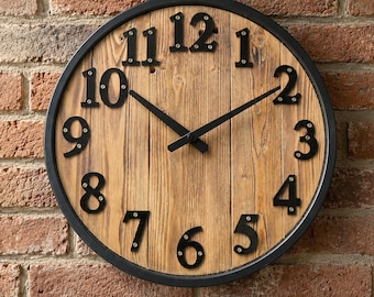 Premium Solid Wood Wall Clock 42 cm – Rustic Aged Plank Clock with Metal Frame, Large Industrial Farmhouse Wall Decor