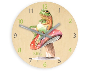 Personalized wooden clock -  sweet frog, with name, dates, clock with numbers, children silent clock