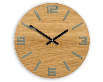 Large Wood Wall clock, OAK,  13,19inch, gift,  Unique wall clock, Gray clock, Modern wall clock, Silent, wall decor,