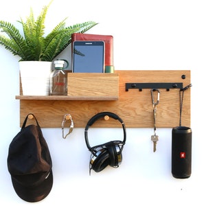 60cm- 23.62" Wall Organizer - wooden, Wall  hanger for keys, mail, Modern coat rack with shelf, Entryway shelf with hooks